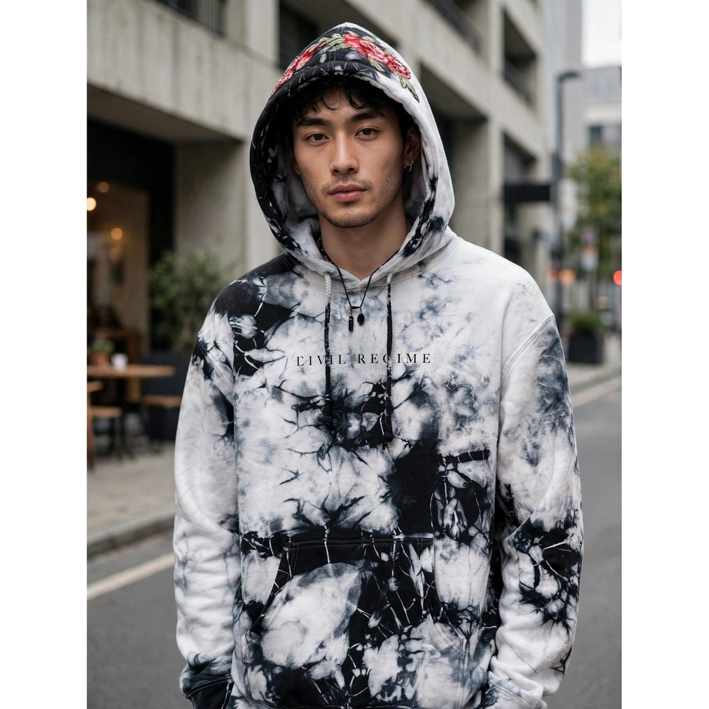 Civil Regime Mens Black White Tie Dye Rose Embroidered Hoodie IND4000C Small